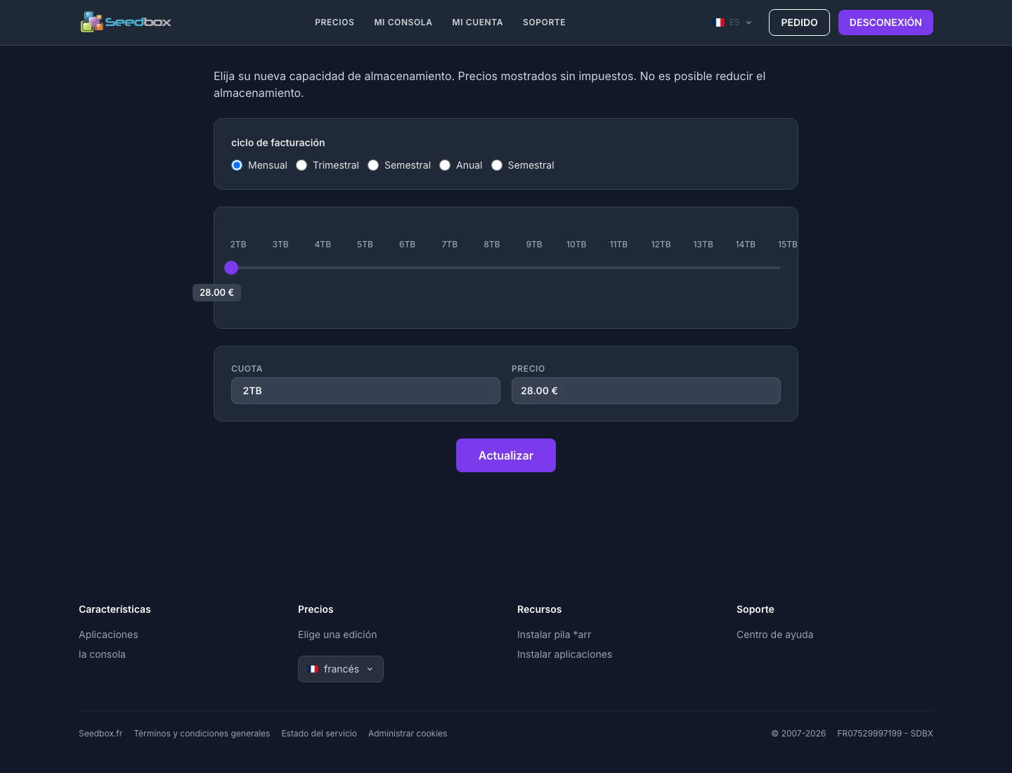 Página de actualización con ciclos de facturación y capacidades disponibles