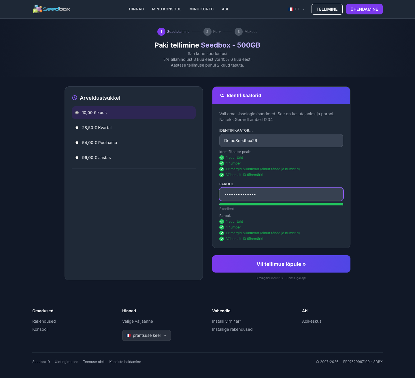 Choix du cycle de facturation et des identifiants de la seedbox