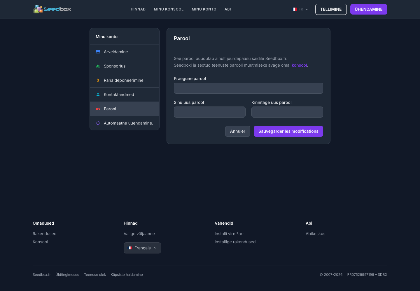 Formulaire permettant de changer le mot de passe du compte