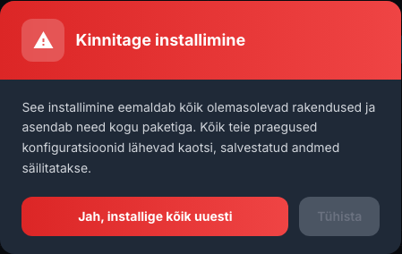 Hoiatus kuvatakse enne rakenduste täielikku uuesti installimist