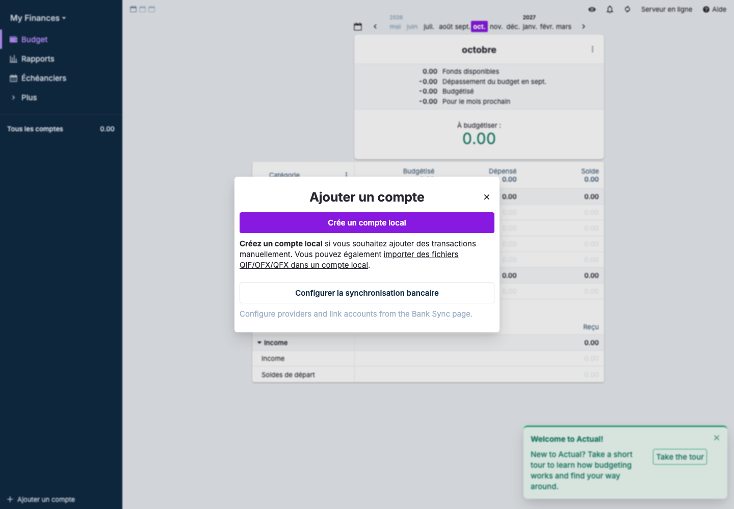 Choix entre compte local et synchronisation bancaire