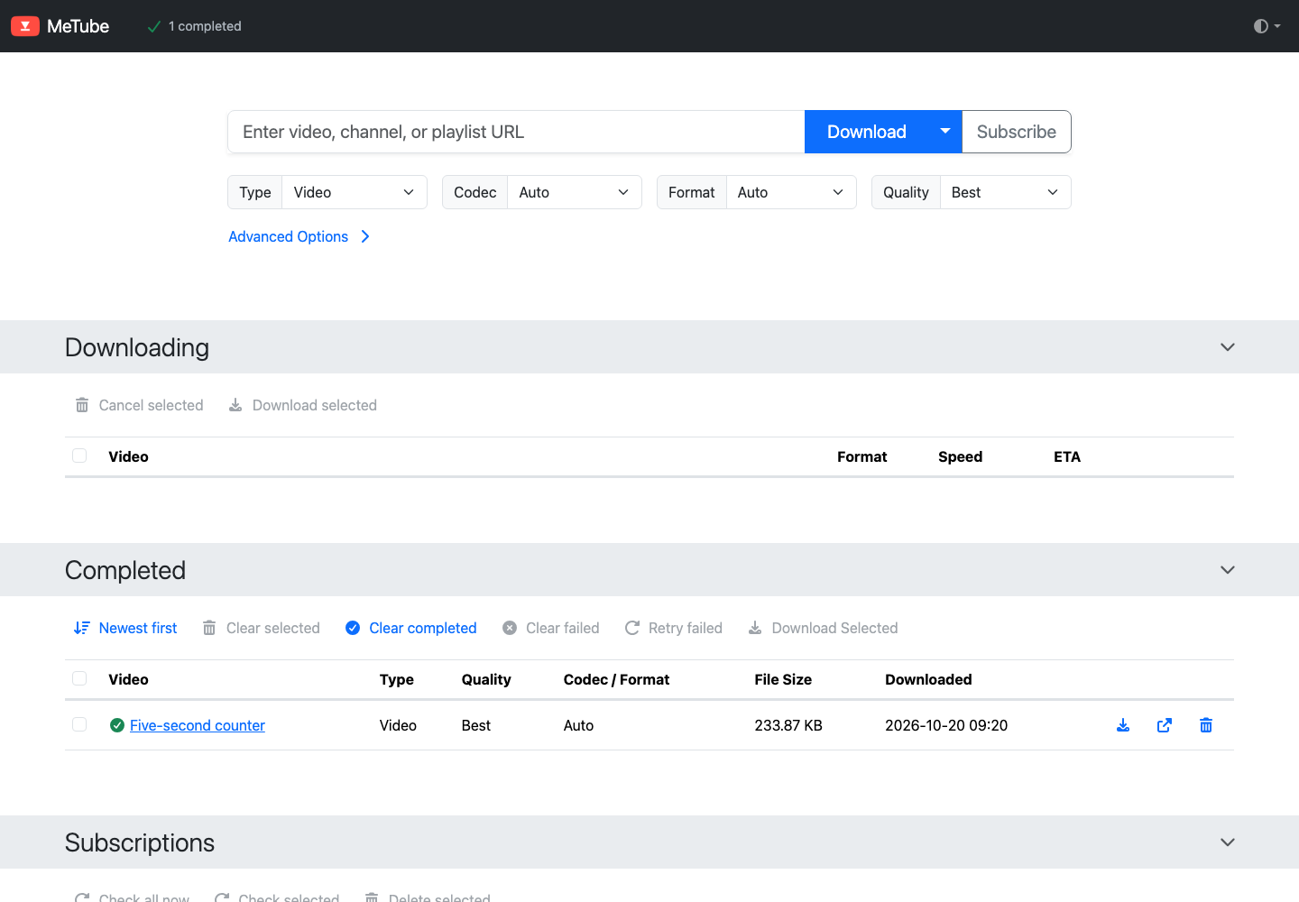 Interface de MeTube après connexion