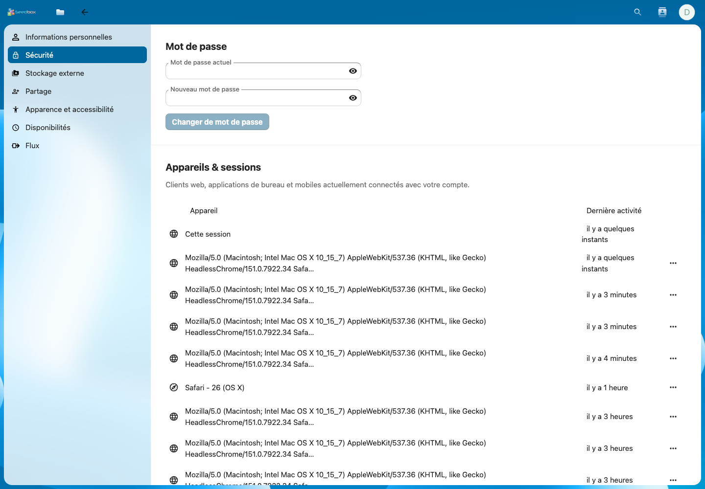 Formulaire de changement du mot de passe Nextcloud