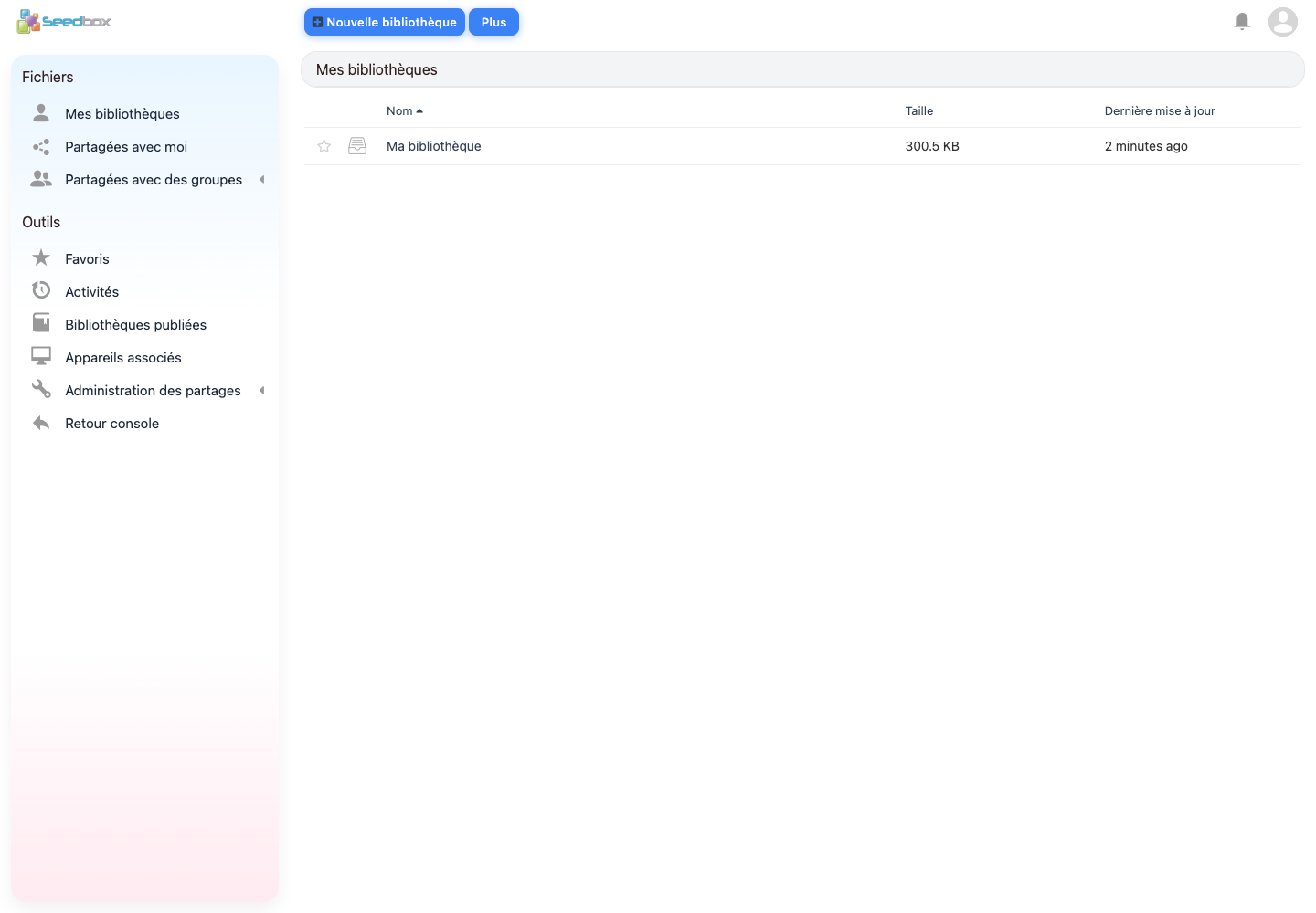 Vue principale de Seafile et liste des bibliothèques