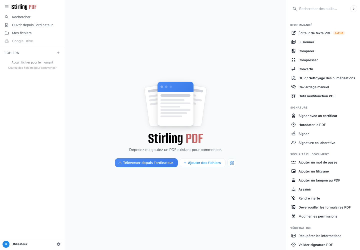 Interface principale de Stirling PDF