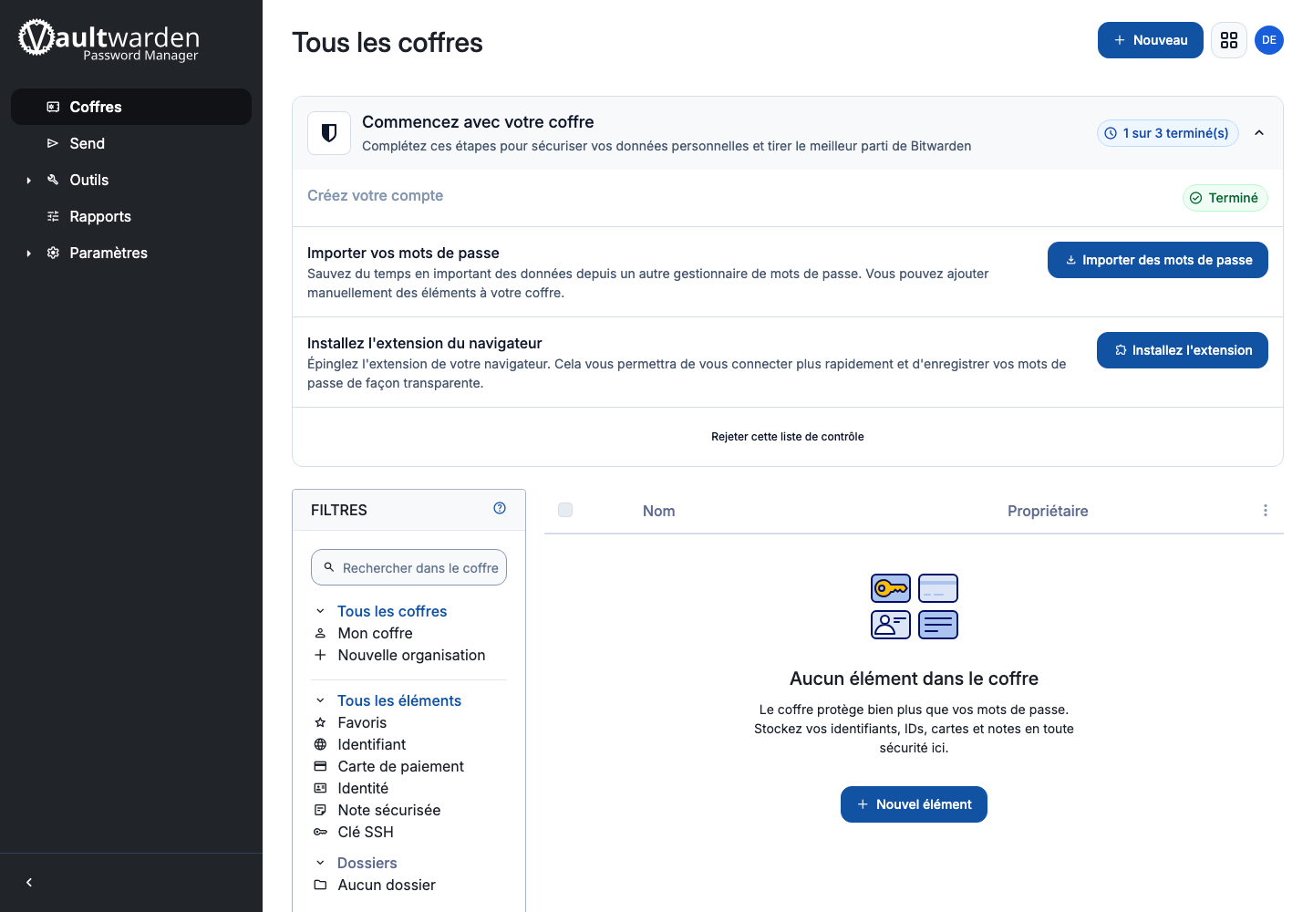 Interface principale du coffre Vaultwarden