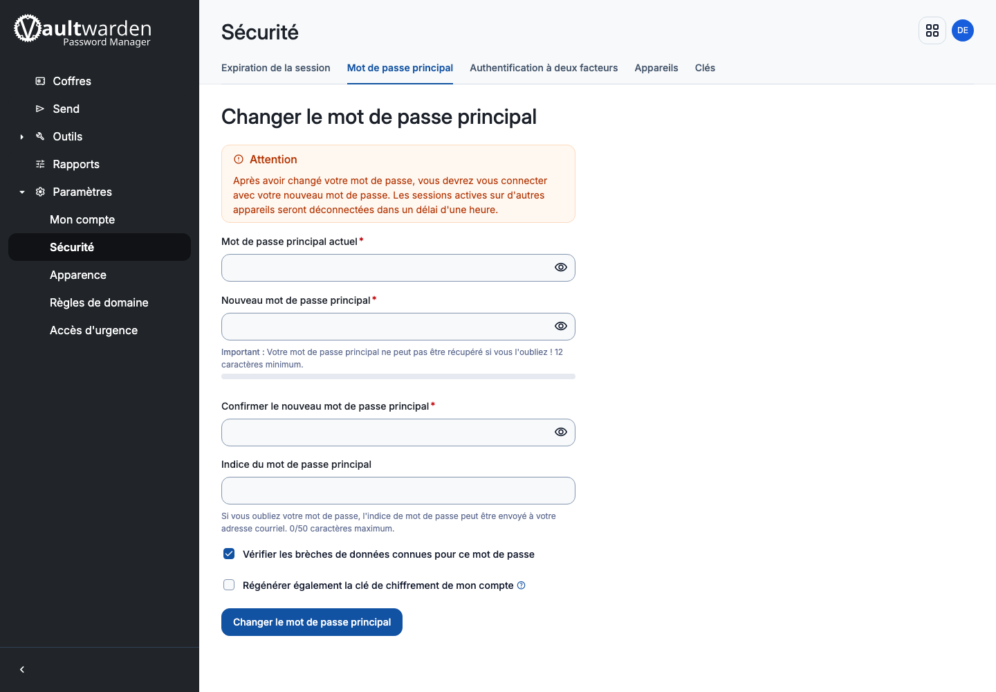 Formulaire de changement du mot de passe principal