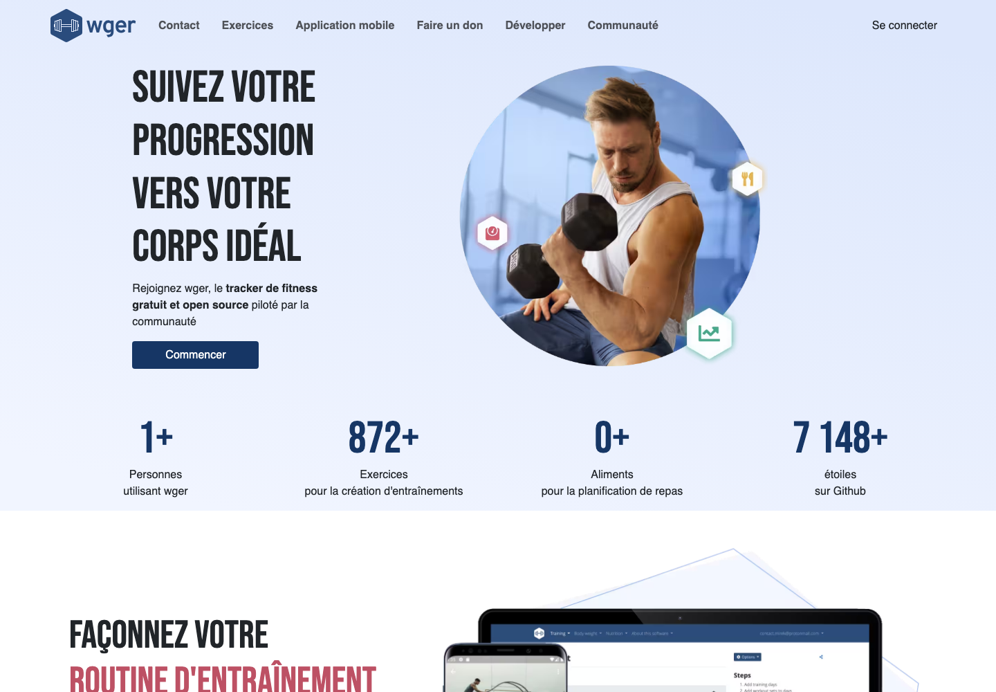 Page d’accueil de Wger avec accès à la connexion