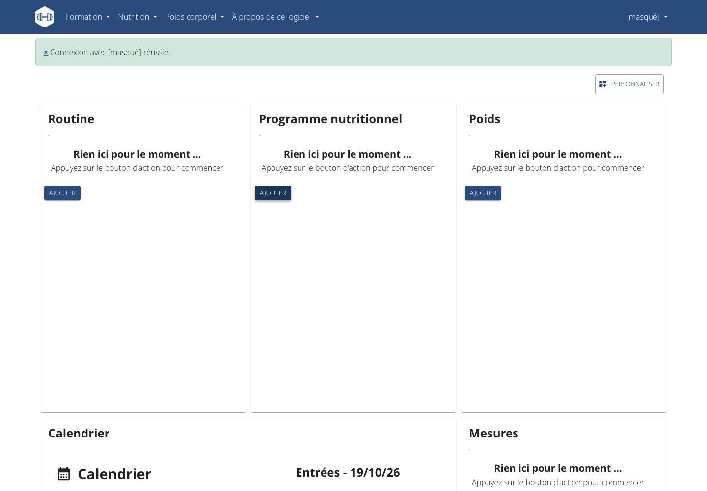 Tableau de bord Wger après connexion