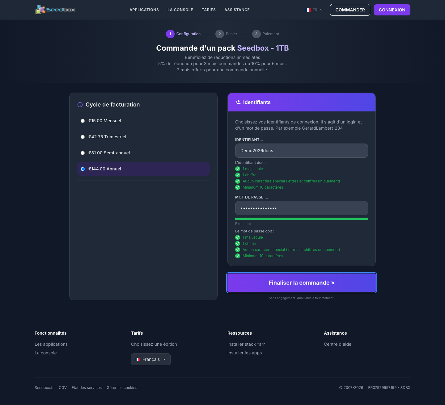 Choix du cycle de facturation et des identifiants de la seedbox