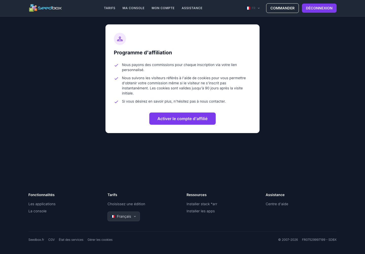 Écran d’activation du programme d’affiliation Seedbox.fr