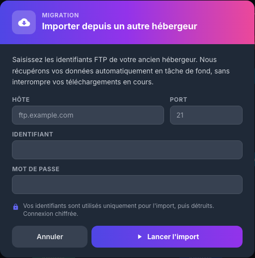 Formulaire d’import depuis un autre hébergeur