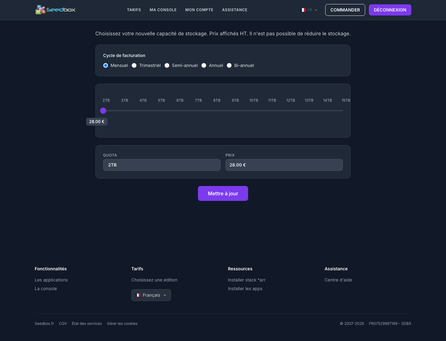 Page de mise à niveau avec les cycles de facturation et les capacités disponibles
