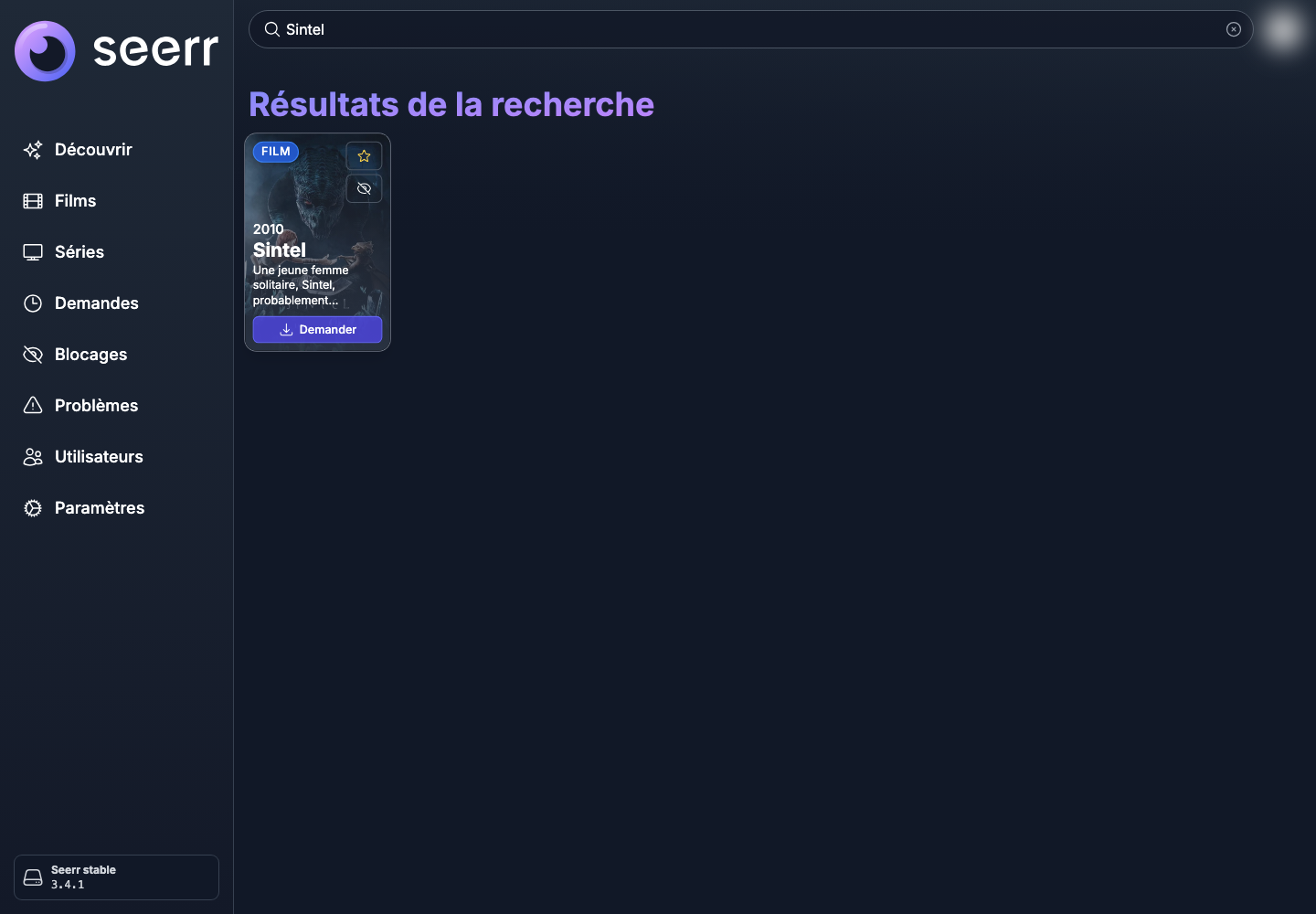 Résultat de la recherche de Sintel dans Jellyseerr