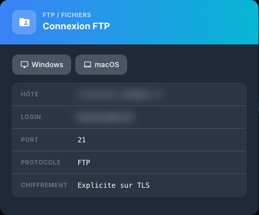 Paramètres de connexion FTPES avec les informations personnelles floutées