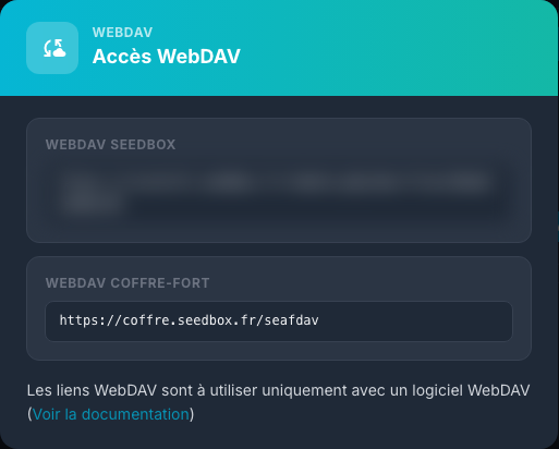 Adresses WebDAV avec l’URL personnelle de la seedbox floutée