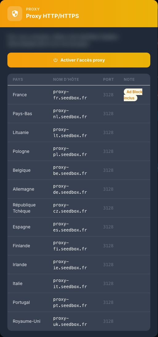 Liste des serveurs proxy avec l’identifiant du compte flouté