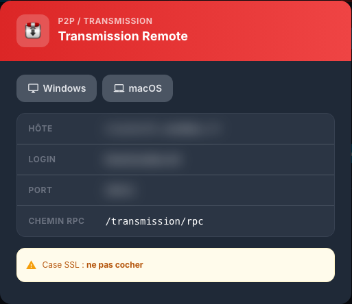 Paramètres de Transmission Remote avec les valeurs personnelles floutées