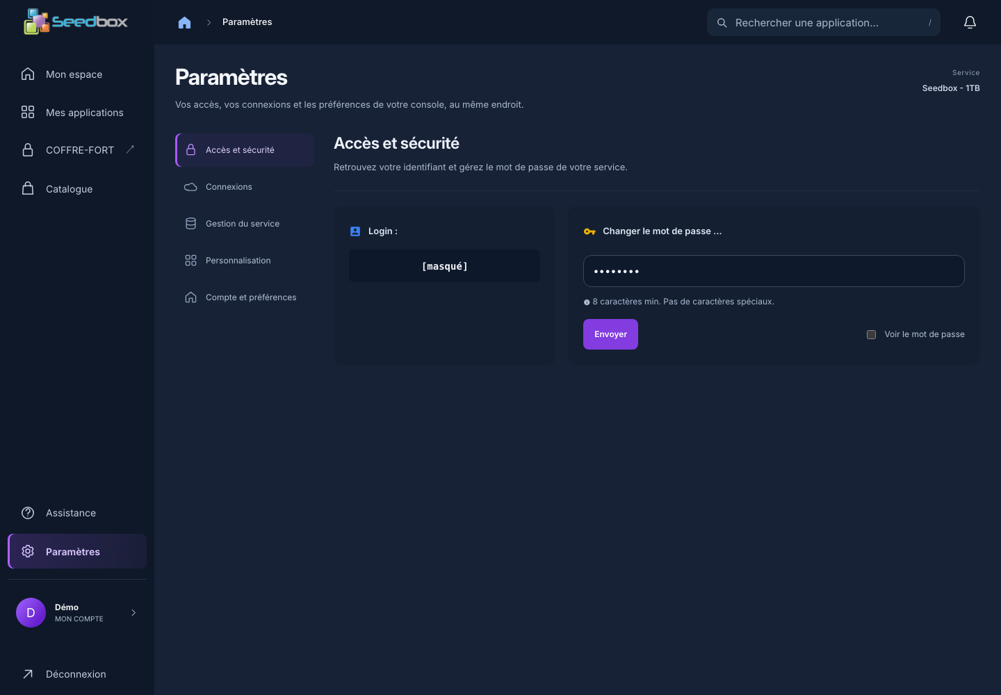 Rubrique Accès et sécurité, identifiant masqué