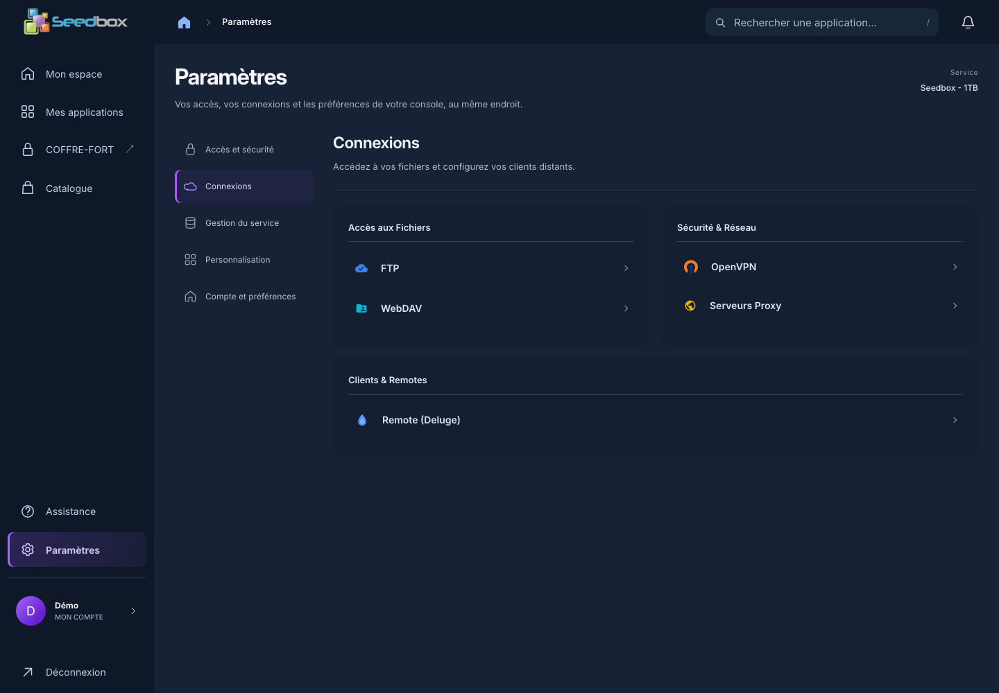 Rubrique Connexions de la nouvelle console