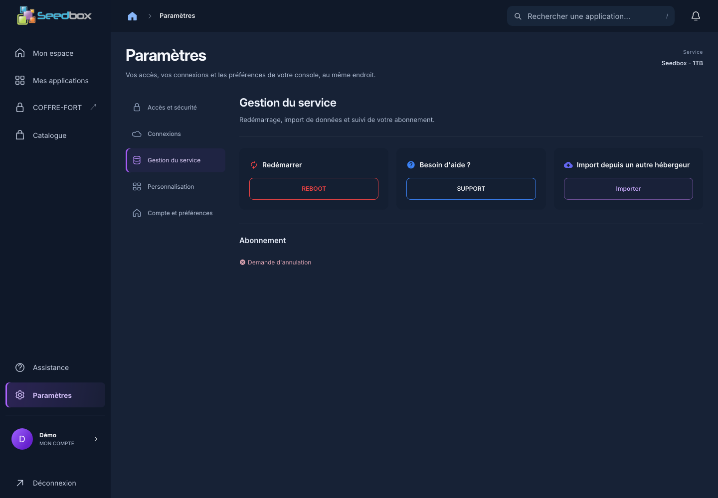 Rubrique Gestion du service