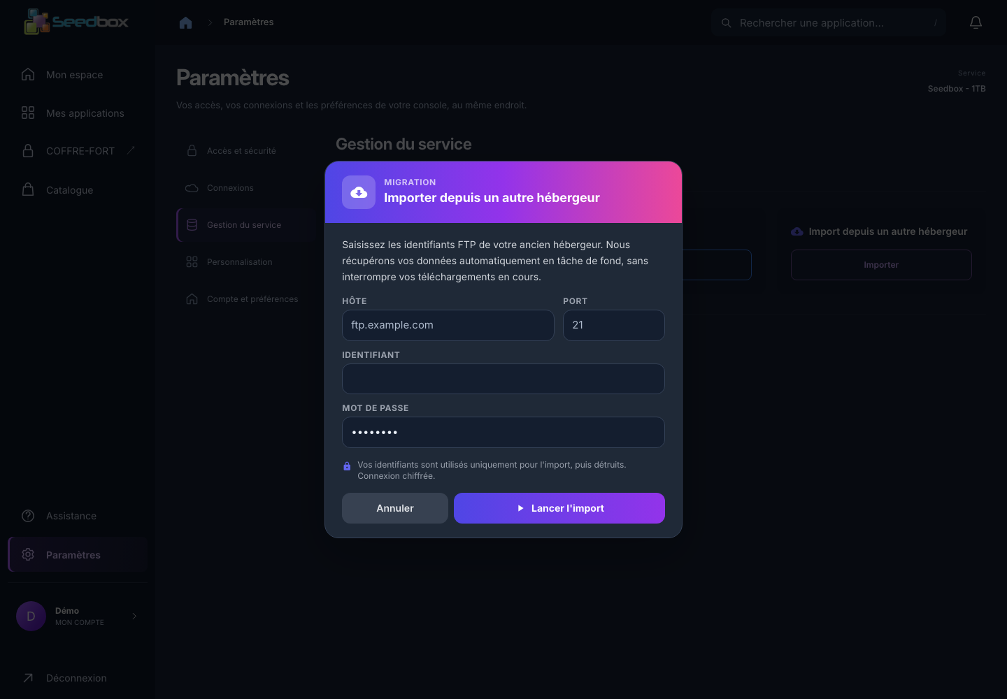 Formulaire d’import depuis un autre hébergeur