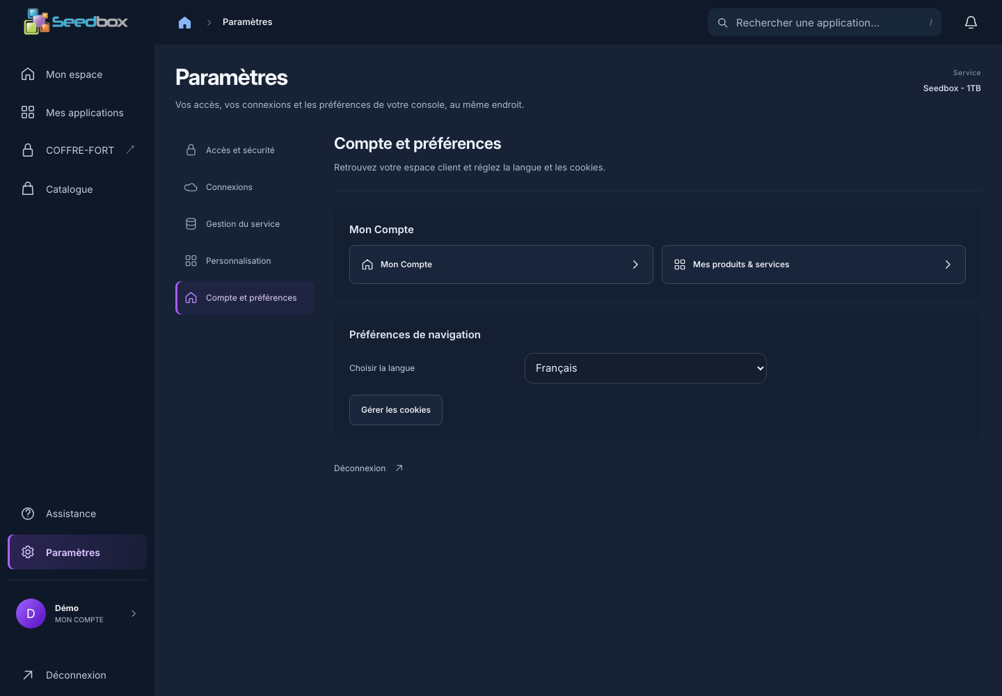 Rubrique Compte et préférences