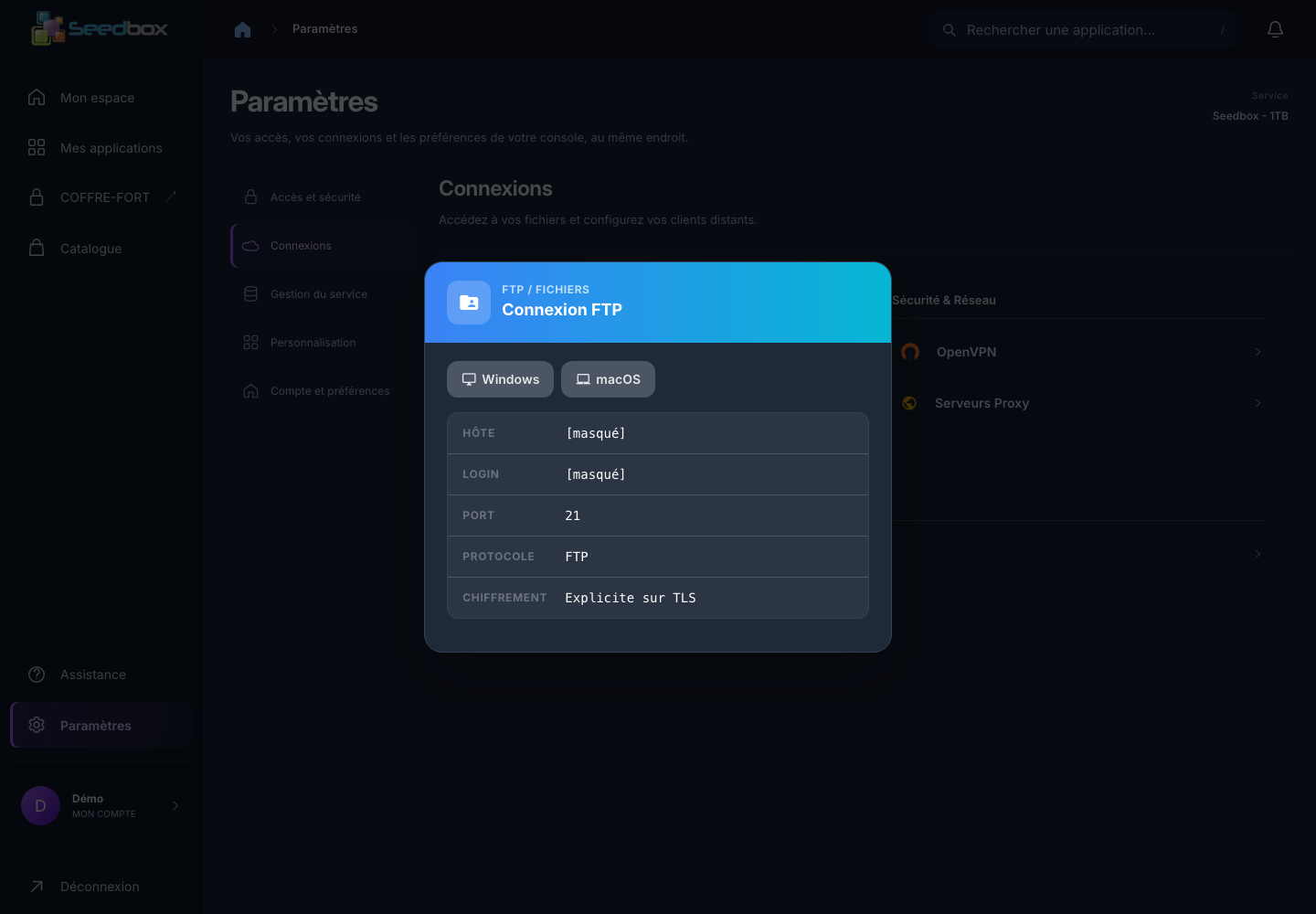Paramètres FTPES, informations personnelles masquées