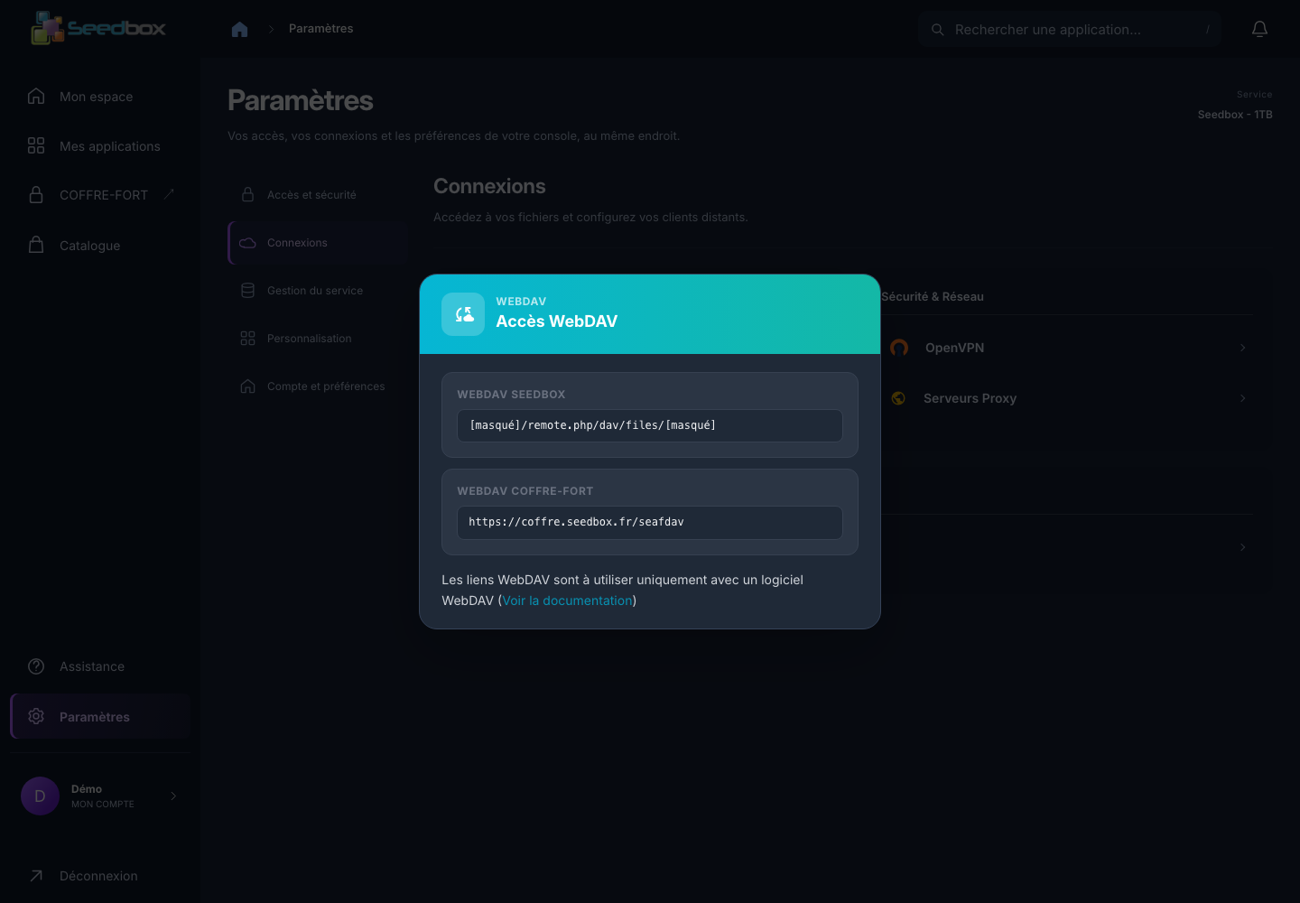 Adresses WebDAV, données du service masquées