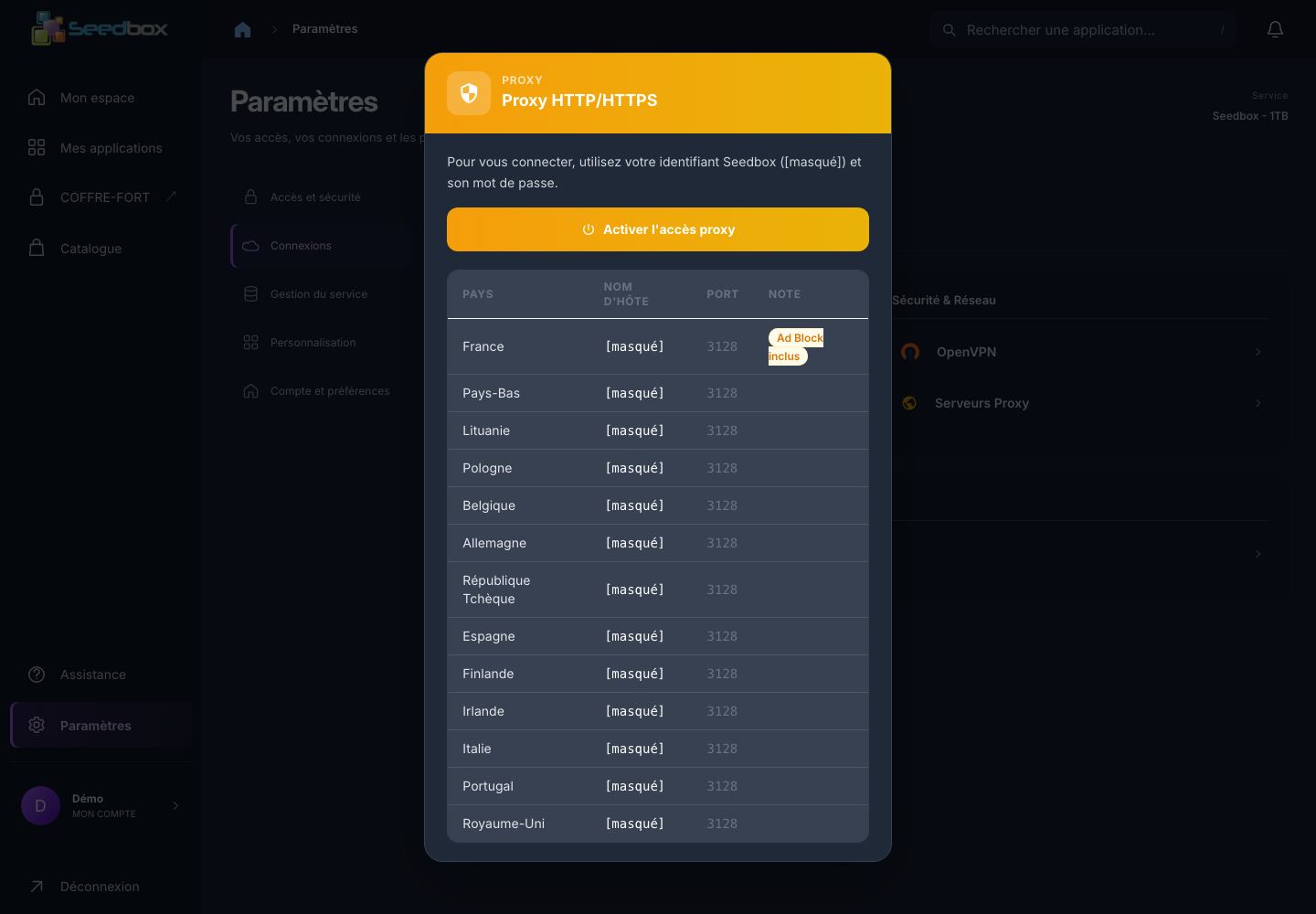 Liste des serveurs proxy, hôtes et identifiant masqués