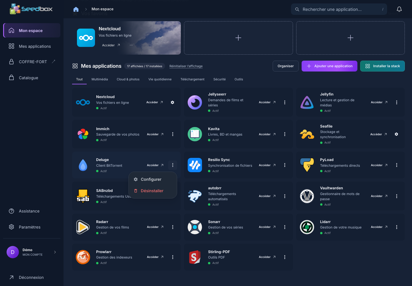 Menu d’options du client P2P