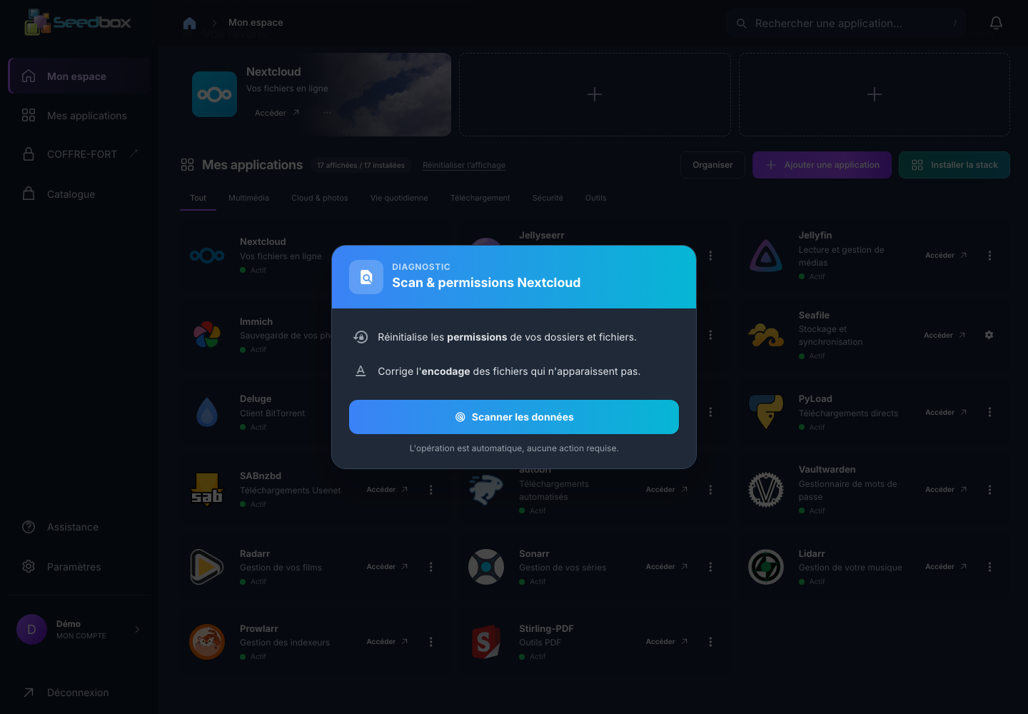 Options Nextcloud de la nouvelle console