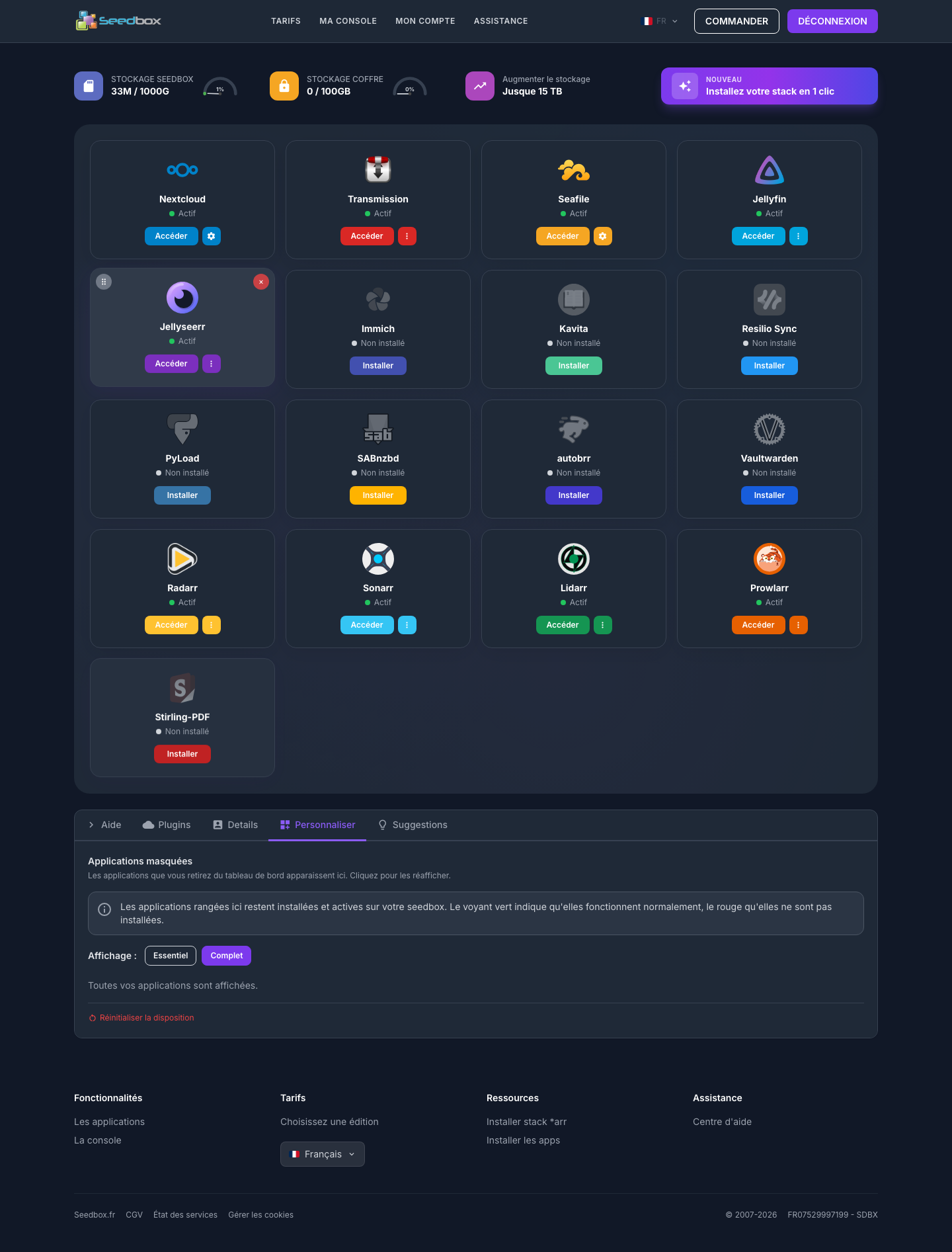 Vue complète de la console après l’installation de la stack