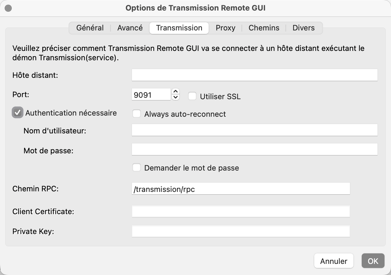 Onglet Transmission des options de TransGUI : l’authentification est activée et SSL reste décoché