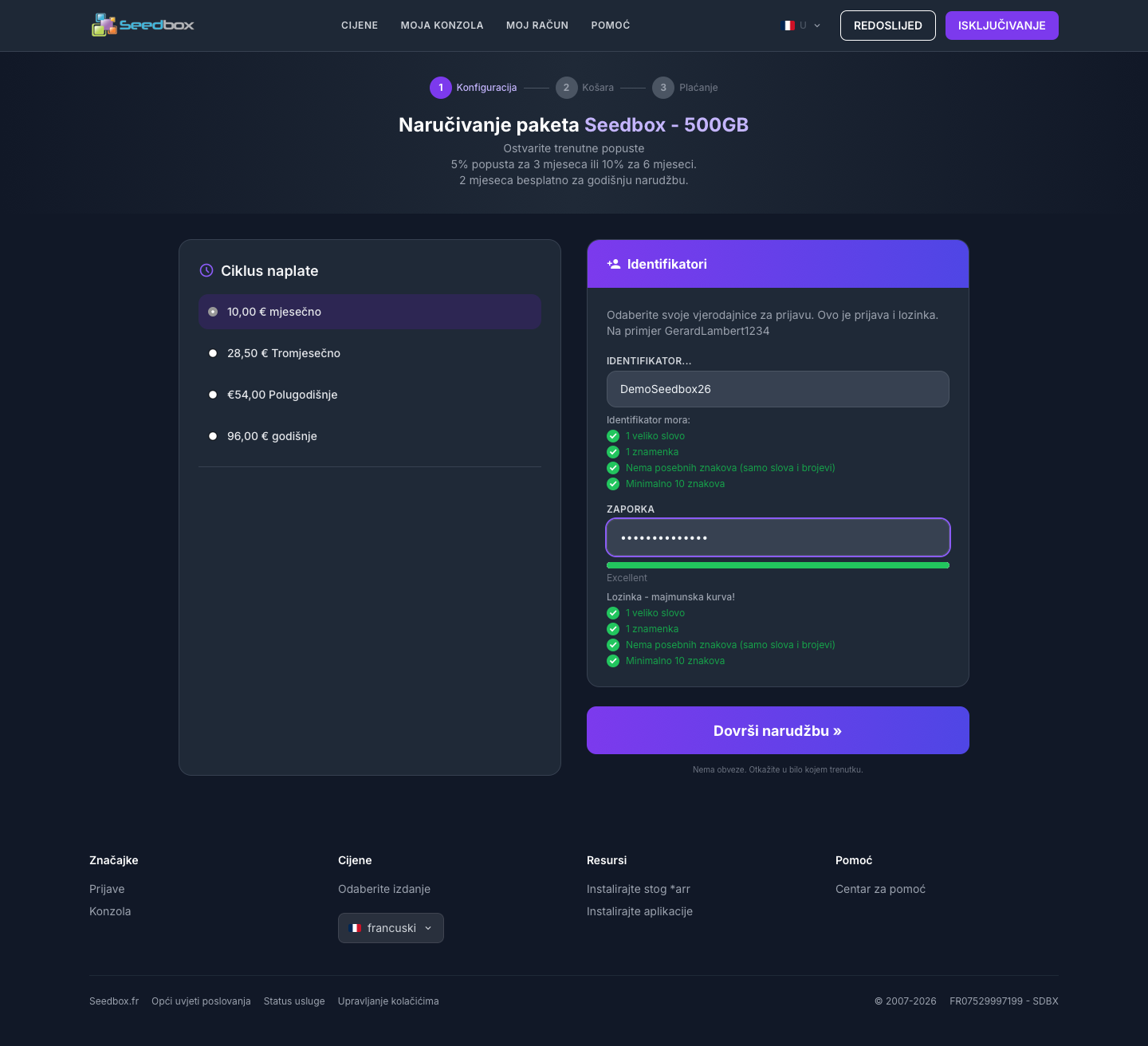 Choix du cycle de facturation et des identifiants de la seedbox