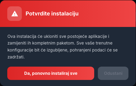 Upozorenje se prikazuje prije potpune ponovne instalacije aplikacija