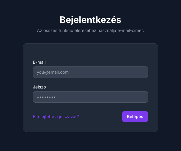 Bejelentkezési oldal a jelszó-visszaállítási hivatkozással