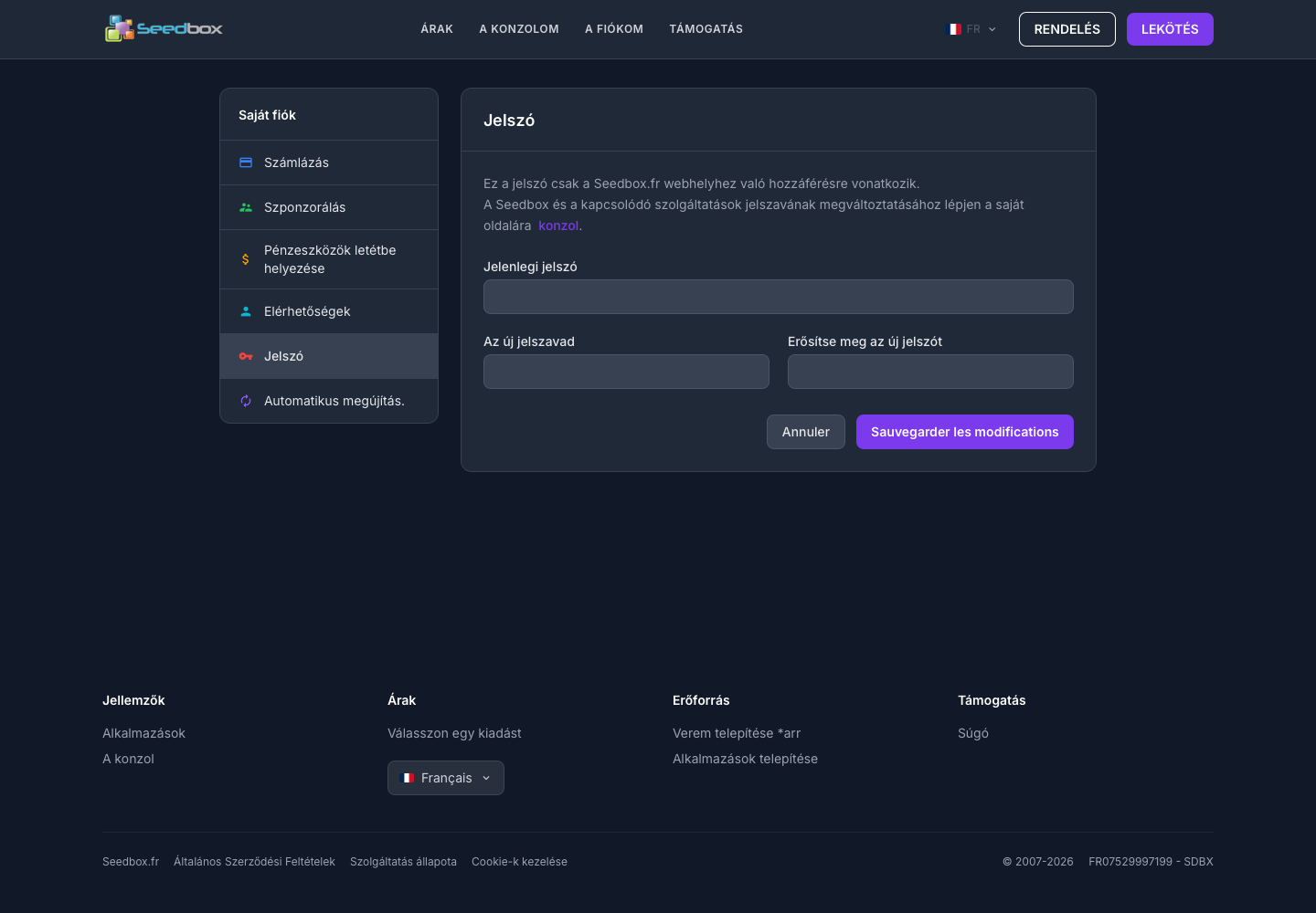 Formulaire permettant de changer le mot de passe du compte