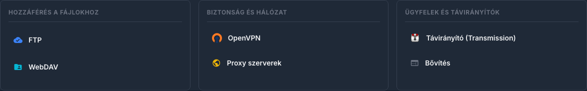Beépülő modulok lap, amely hozzáférést biztosít a fájlokhoz, VPN-hez, proxyhoz és távoli kliensekhez