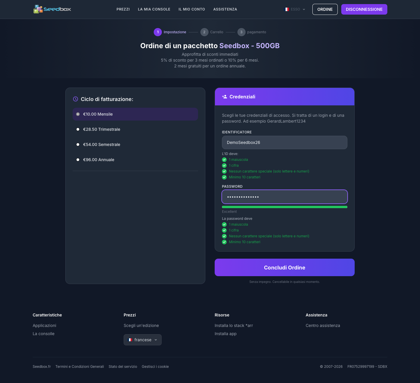 Choix du cycle de facturation et des identifiants de la seedbox