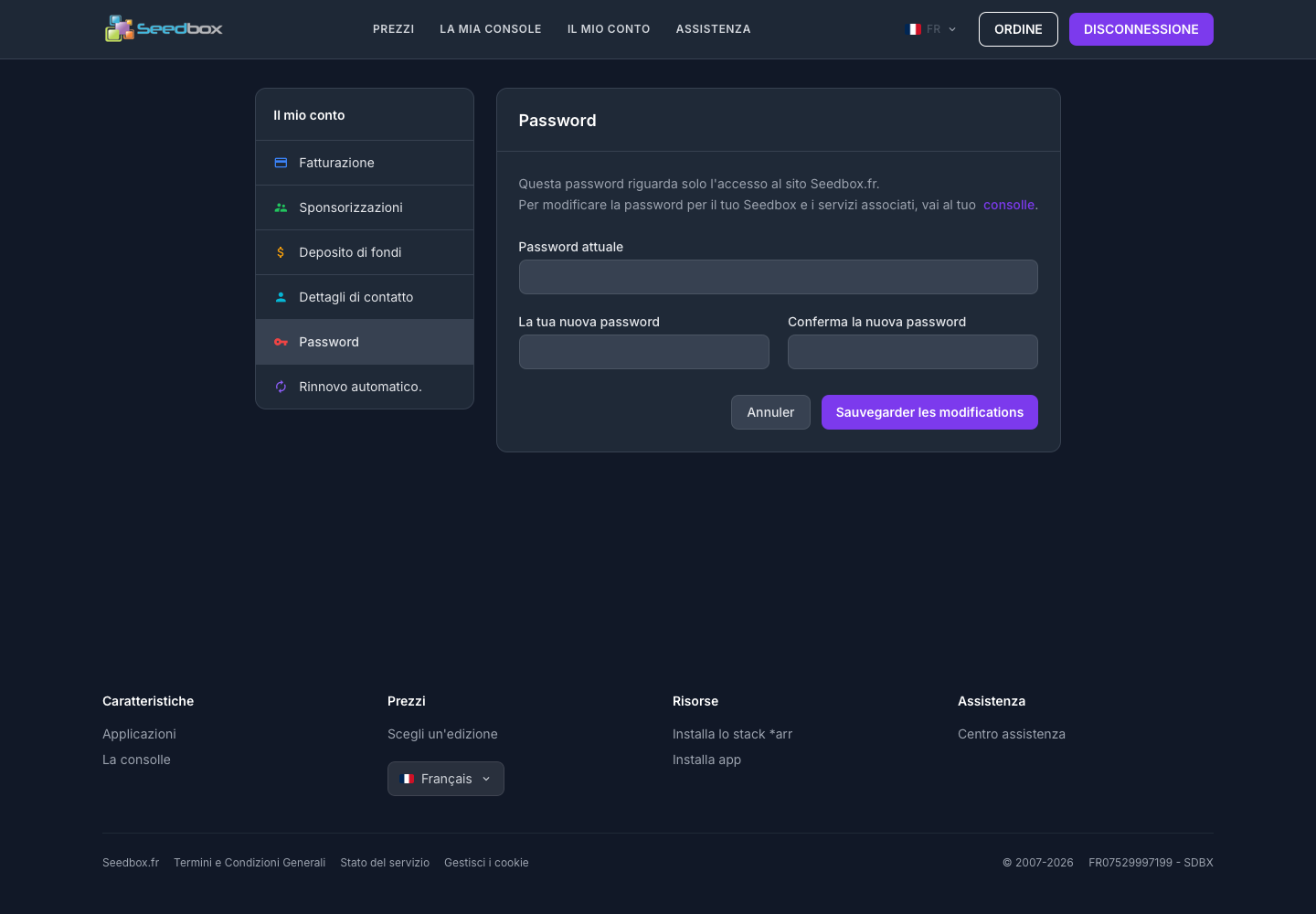 Formulaire permettant de changer le mot de passe du compte