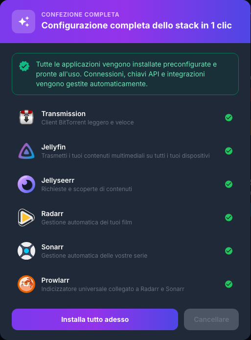 Finestra di presentazione dello stack multimediale con un clic