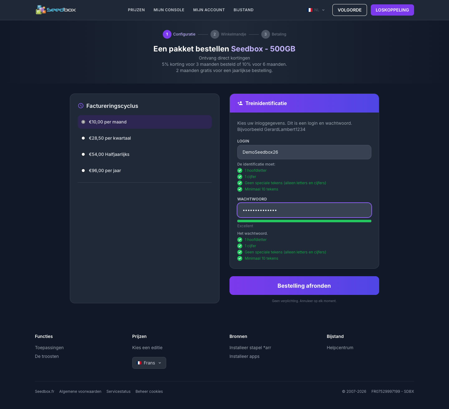 Choix du cycle de facturation et des identifiants de la seedbox