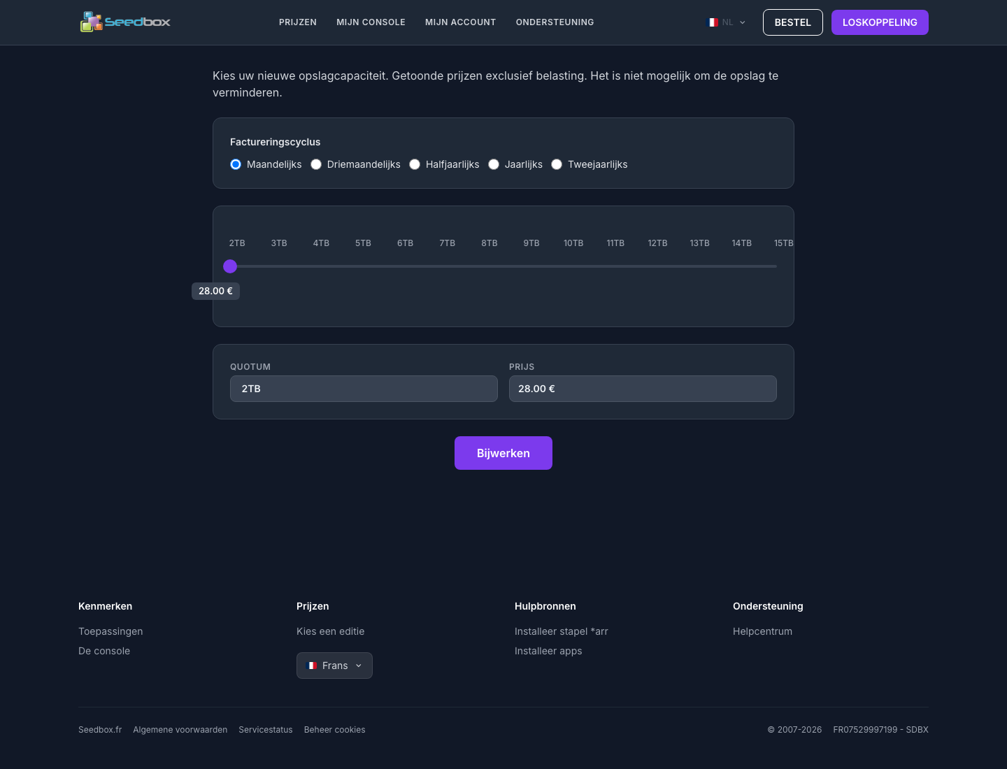 Upgradepagina met factureringscycli en beschikbare capaciteiten
