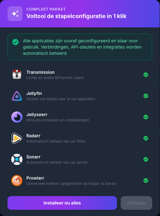 Overzicht van applicaties opgenomen in de volledige stapel