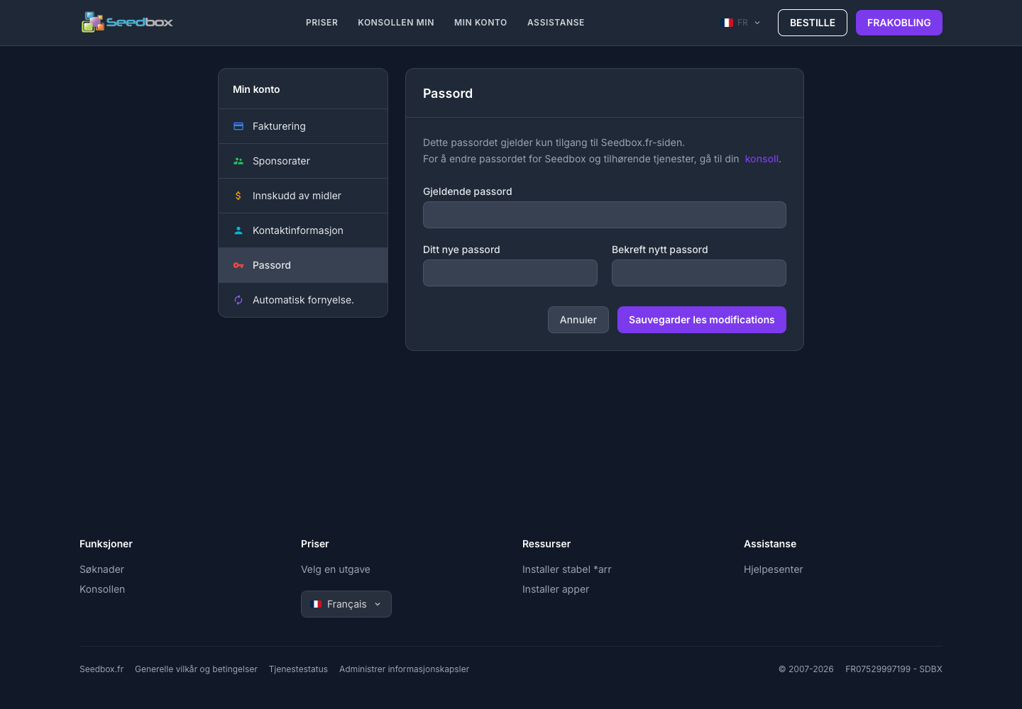 Formulaire permettant de changer le mot de passe du compte