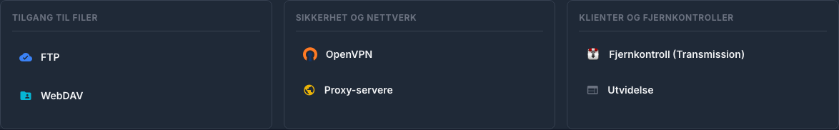 Plugins-fane med tilgang til filer, VPN, proxy og eksterne klienter
