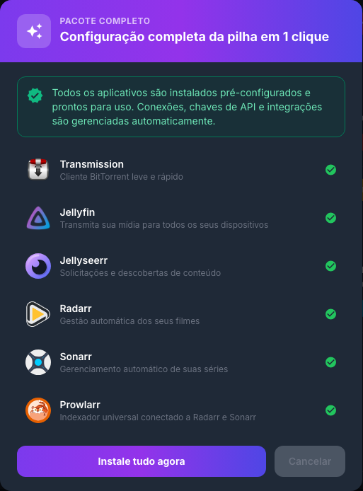 Janela de apresentação da pilha multimídia com um clique