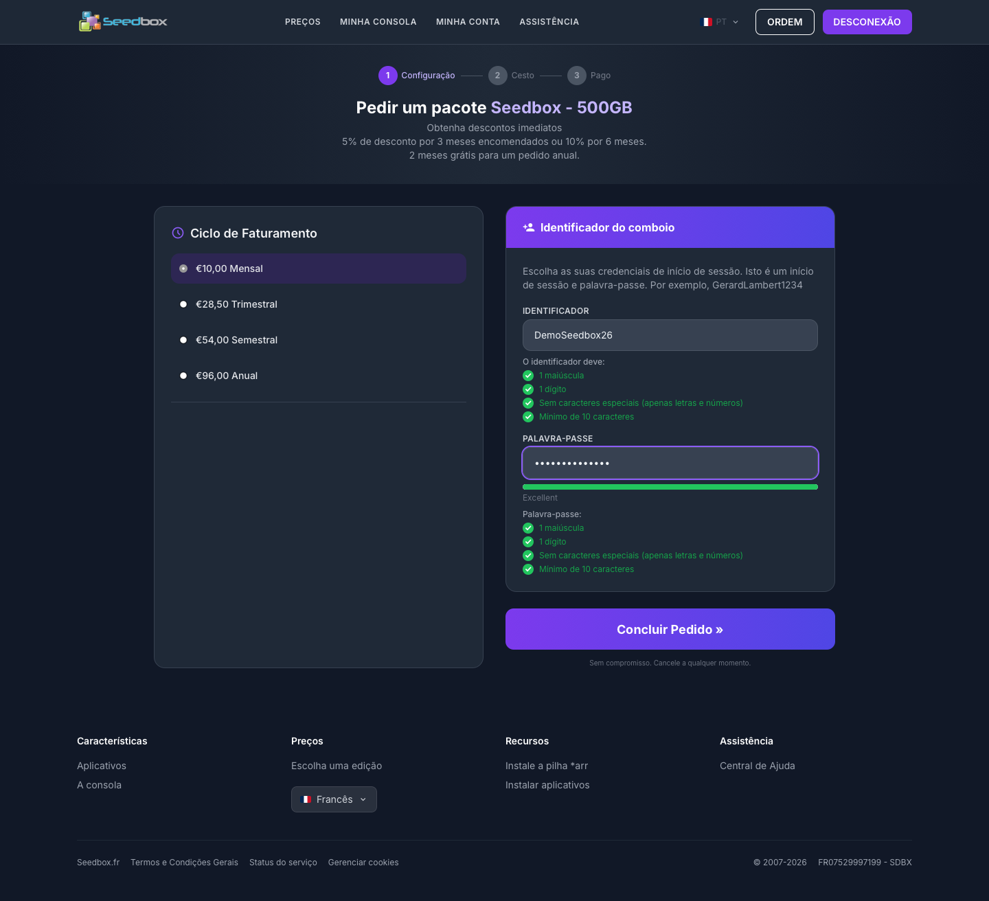 Choix du cycle de facturation et des identifiants de la seedbox