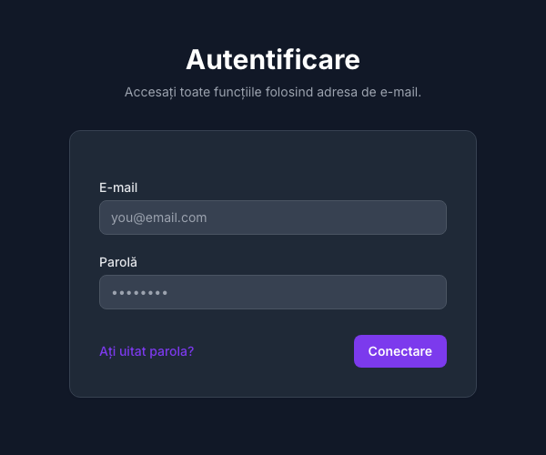 Pagina de autentificare cu legătura de resetare